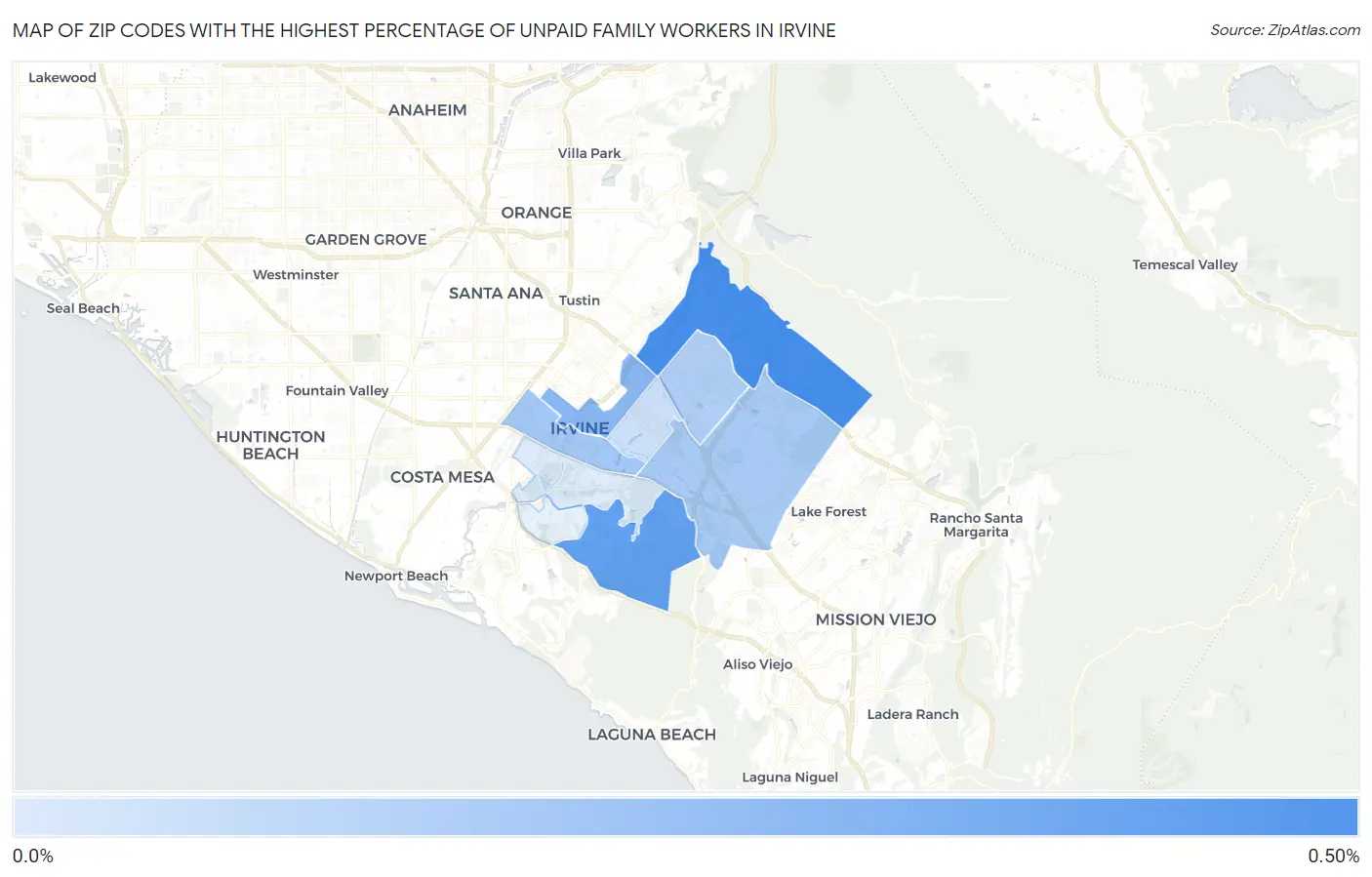 Zip Codes with the Highest Percentage of Unpaid Family Workers in Irvine Map