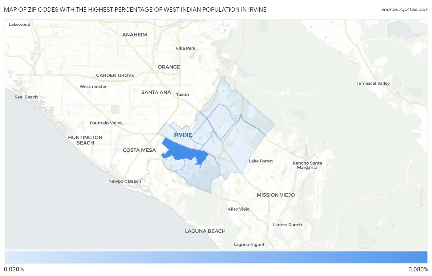 Zip Codes with the Highest Percentage of West Indian Population in Irvine Map