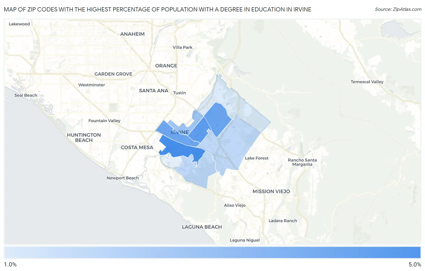 Zip Codes with the Highest Percentage of Population with a Degree in Education in Irvine Map