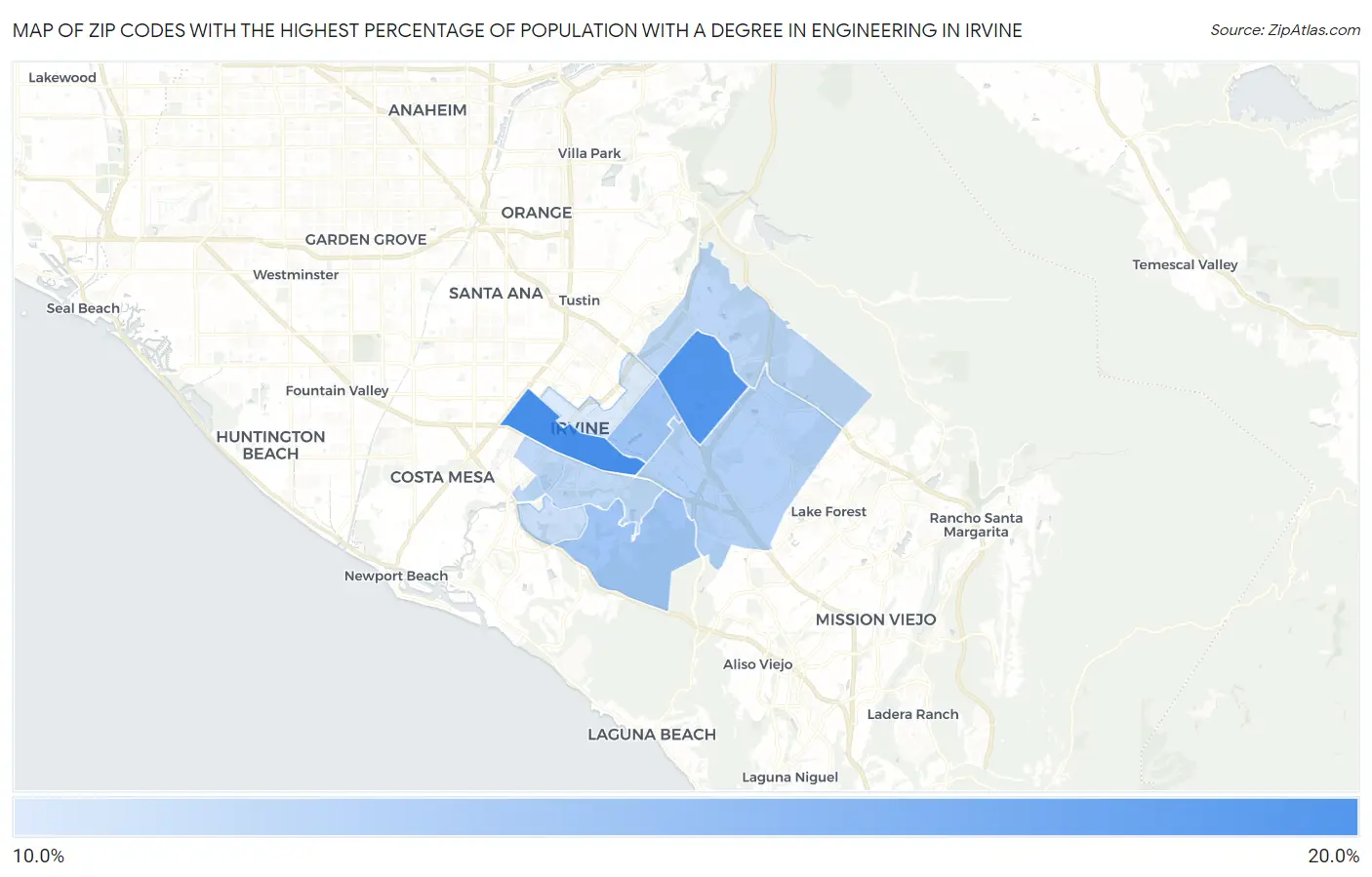 Zip Codes with the Highest Percentage of Population with a Degree in Engineering in Irvine Map