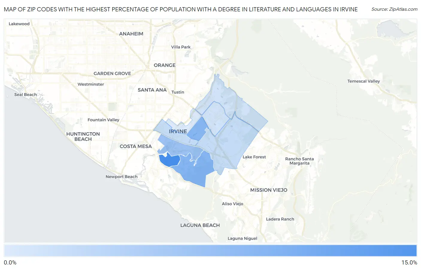 Zip Codes with the Highest Percentage of Population with a Degree in Literature and Languages in Irvine Map