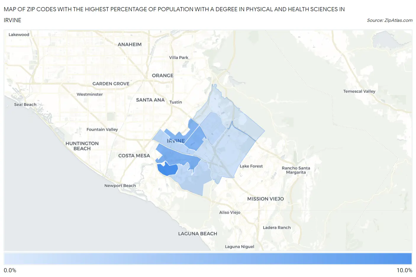 Zip Codes with the Highest Percentage of Population with a Degree in Physical and Health Sciences in Irvine Map