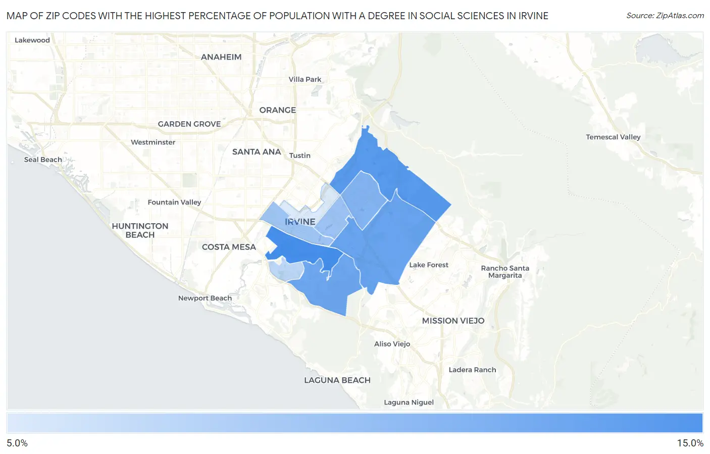 Zip Codes with the Highest Percentage of Population with a Degree in Social Sciences in Irvine Map