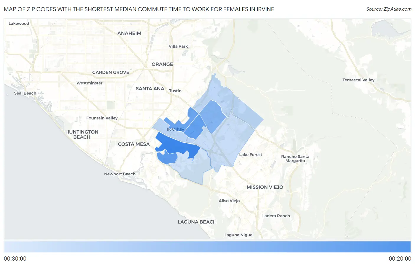 Zip Codes with the Shortest Median Commute Time to Work for Females in Irvine Map