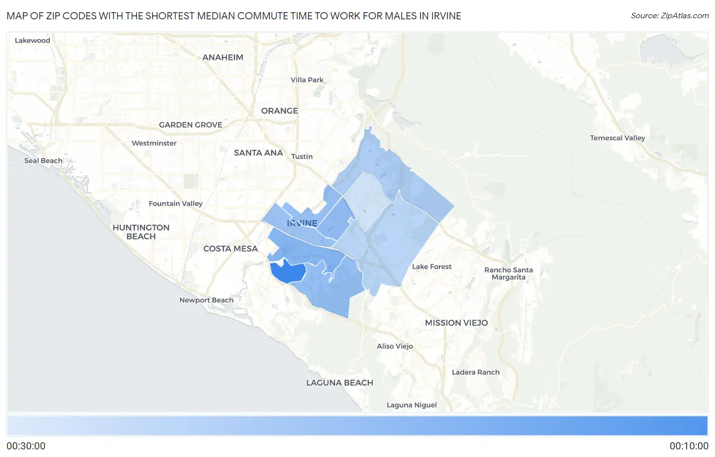 Zip Codes with the Shortest Median Commute Time to Work for Males in Irvine Map