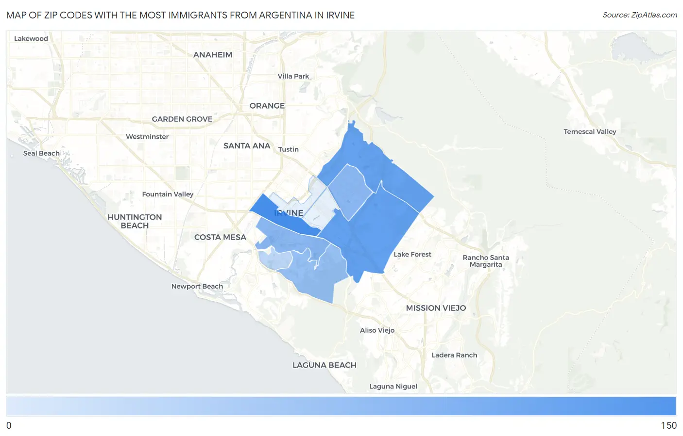 Zip Codes with the Most Immigrants from Argentina in Irvine Map