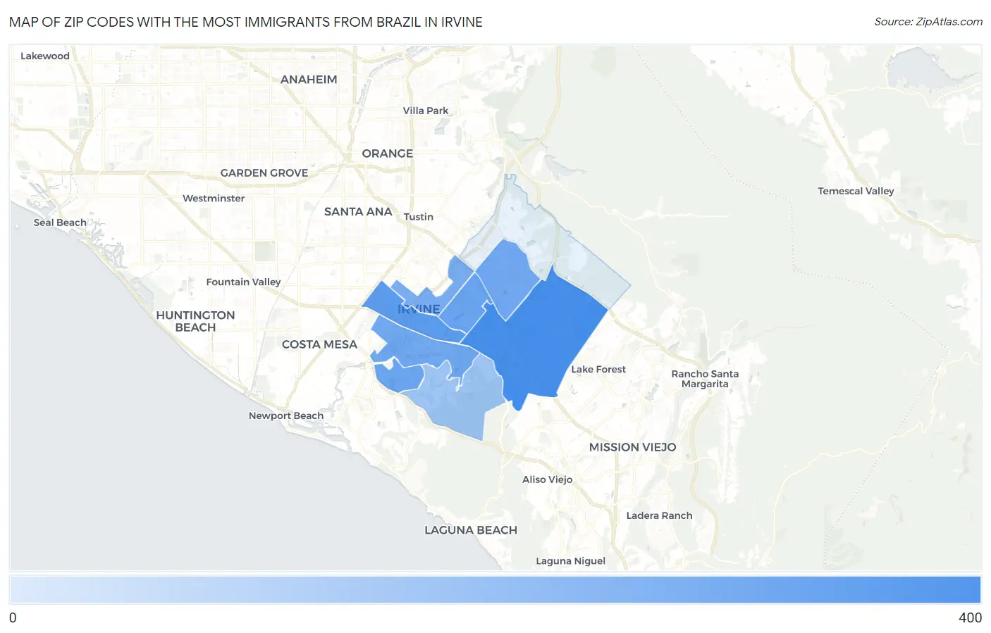 Zip Codes with the Most Immigrants from Brazil in Irvine Map