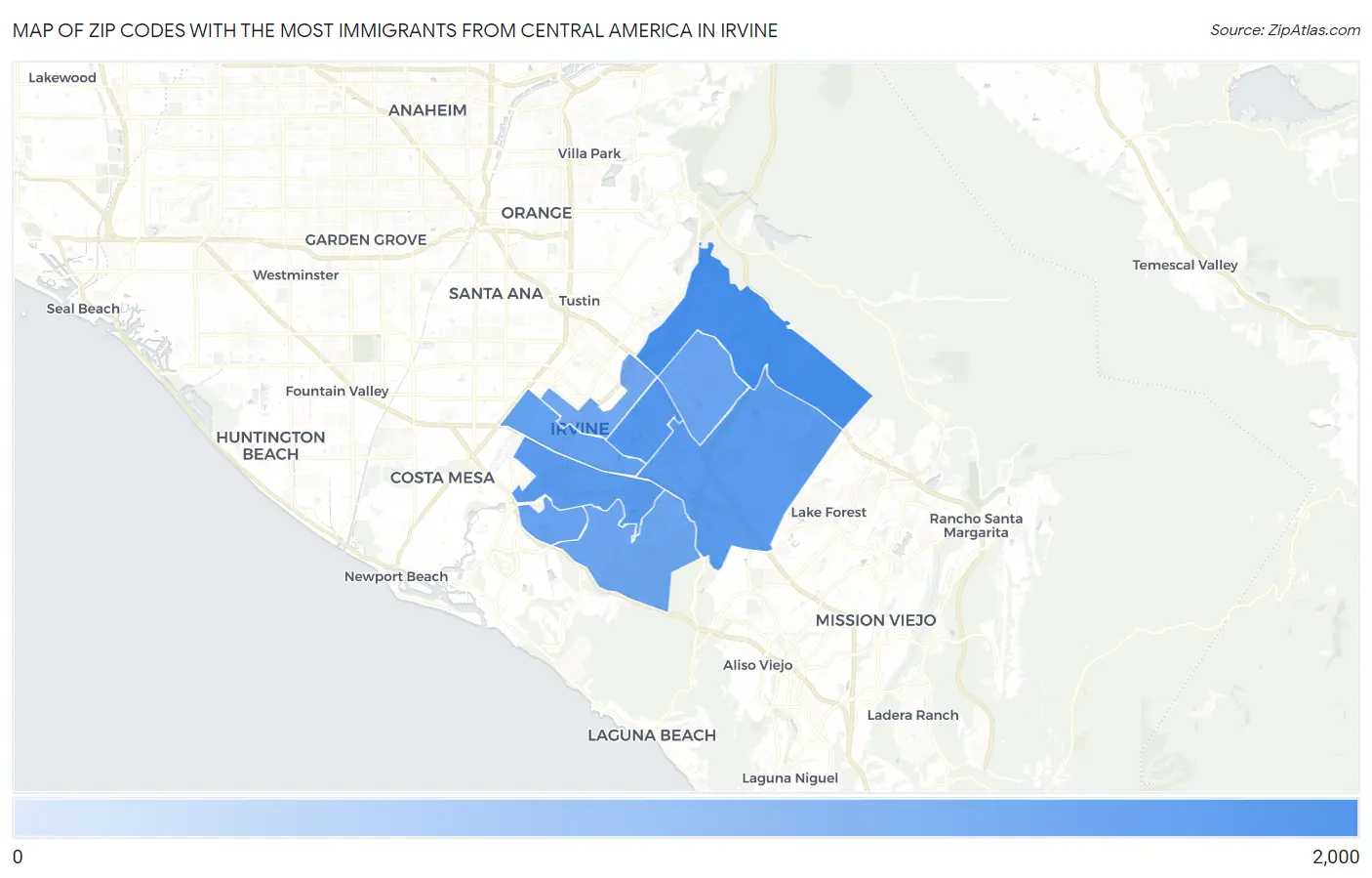 Zip Codes with the Most Immigrants from Central America in Irvine Map