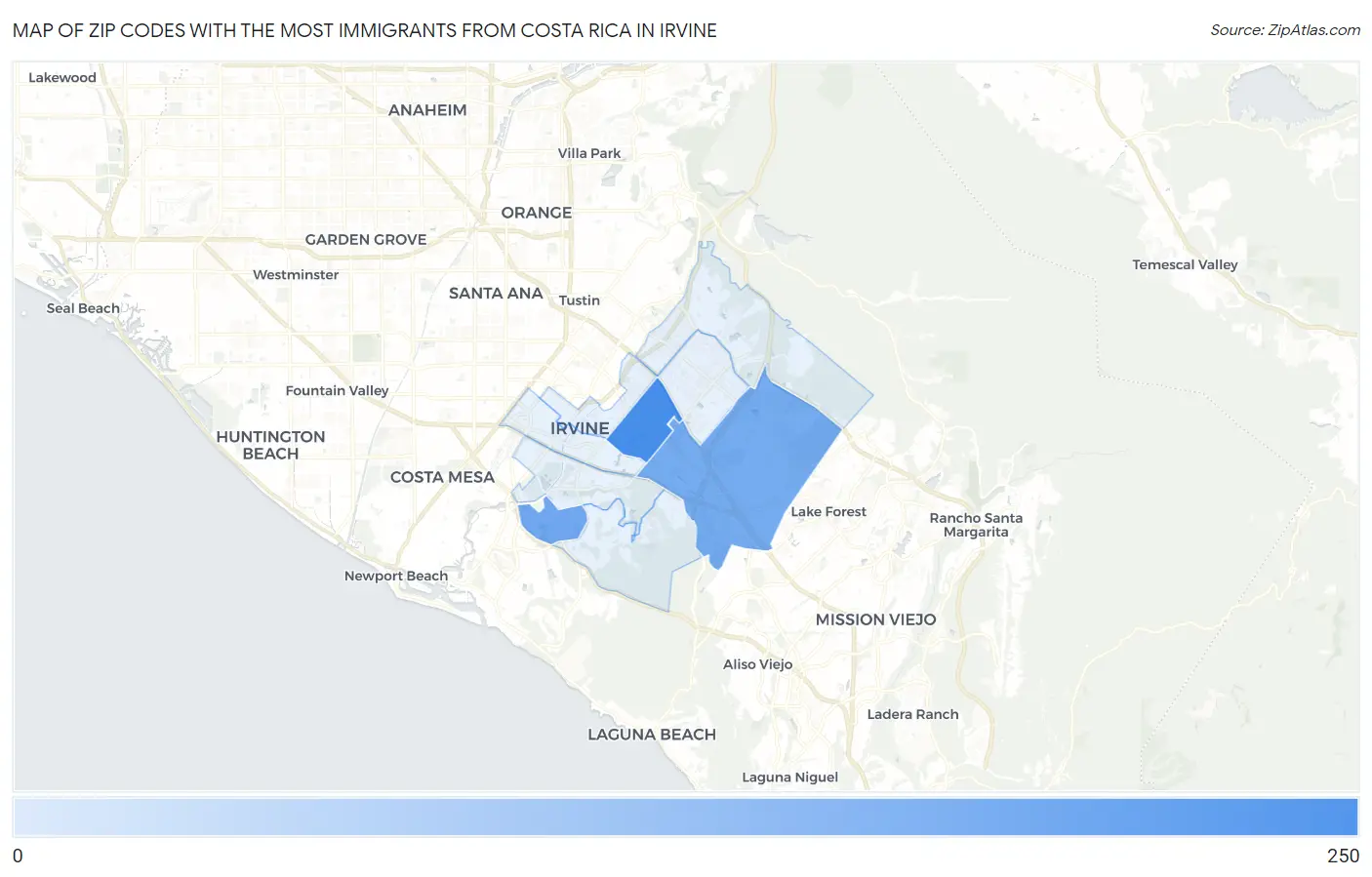 Zip Codes with the Most Immigrants from Costa Rica in Irvine Map