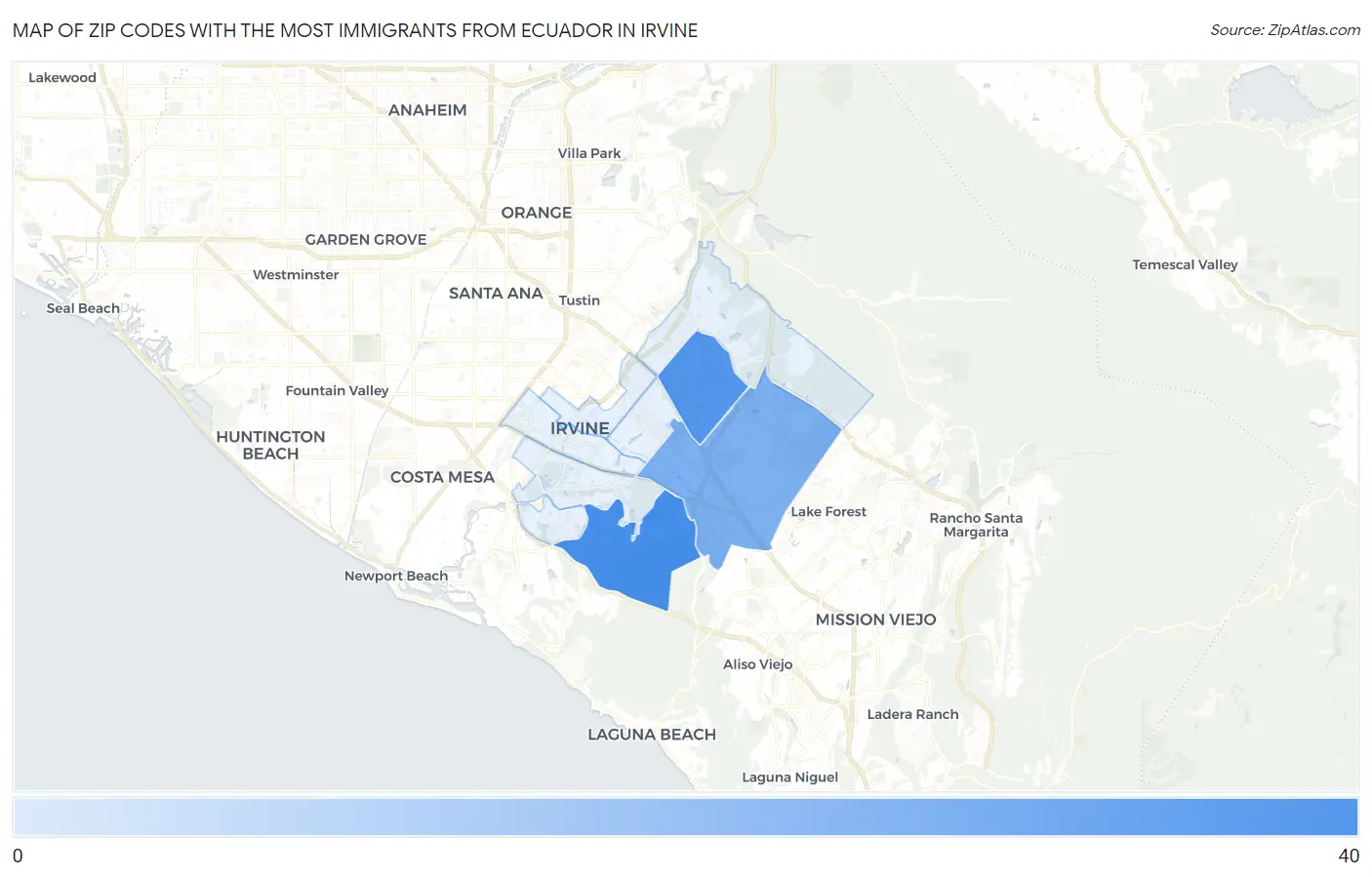 Zip Codes with the Most Immigrants from Ecuador in Irvine Map