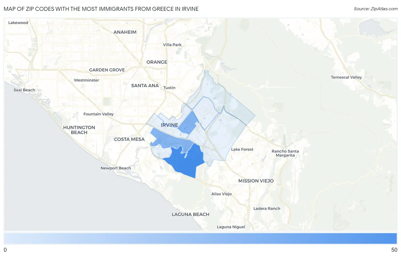 Zip Codes with the Most Immigrants from Greece in Irvine Map