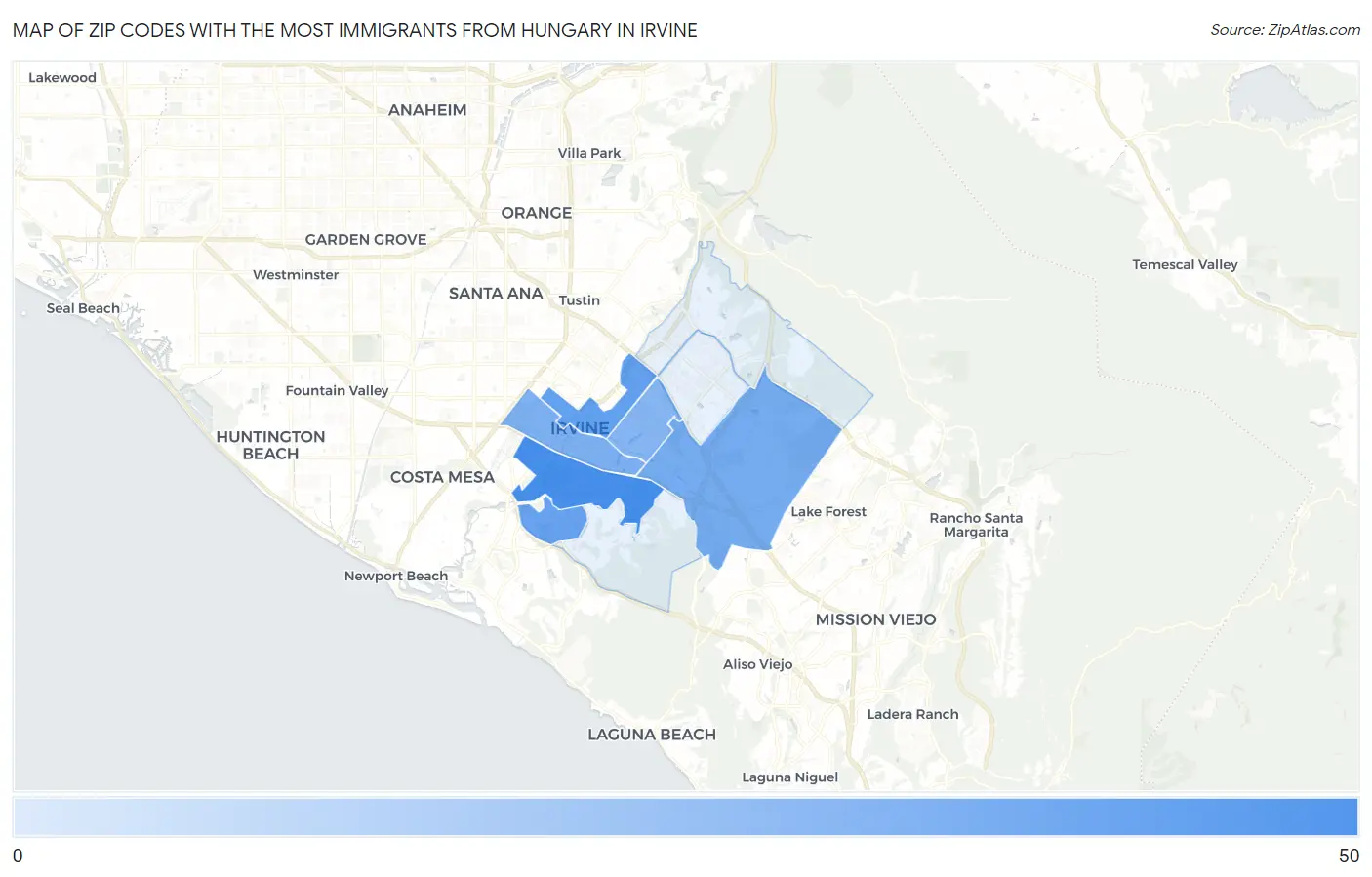 Zip Codes with the Most Immigrants from Hungary in Irvine Map