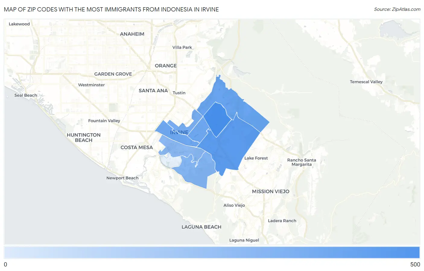 Zip Codes with the Most Immigrants from Indonesia in Irvine Map