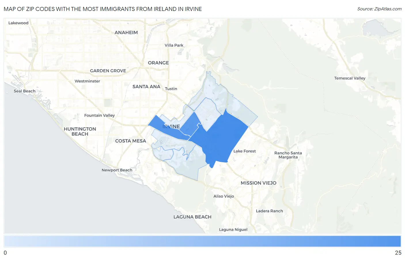 Zip Codes with the Most Immigrants from Ireland in Irvine Map