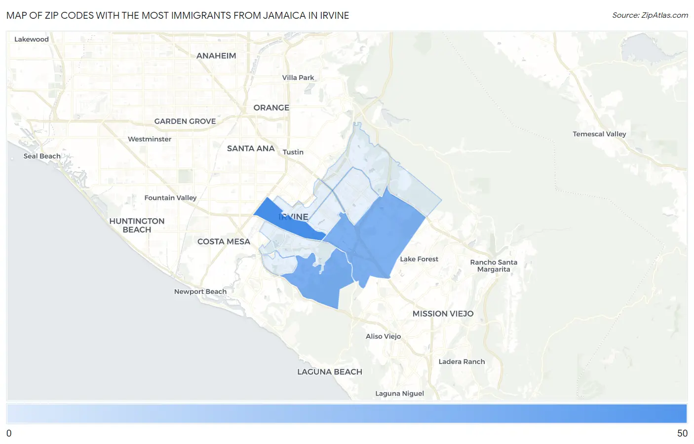 Zip Codes with the Most Immigrants from Jamaica in Irvine Map