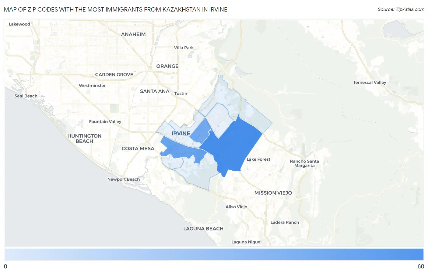Zip Codes with the Most Immigrants from Kazakhstan in Irvine Map