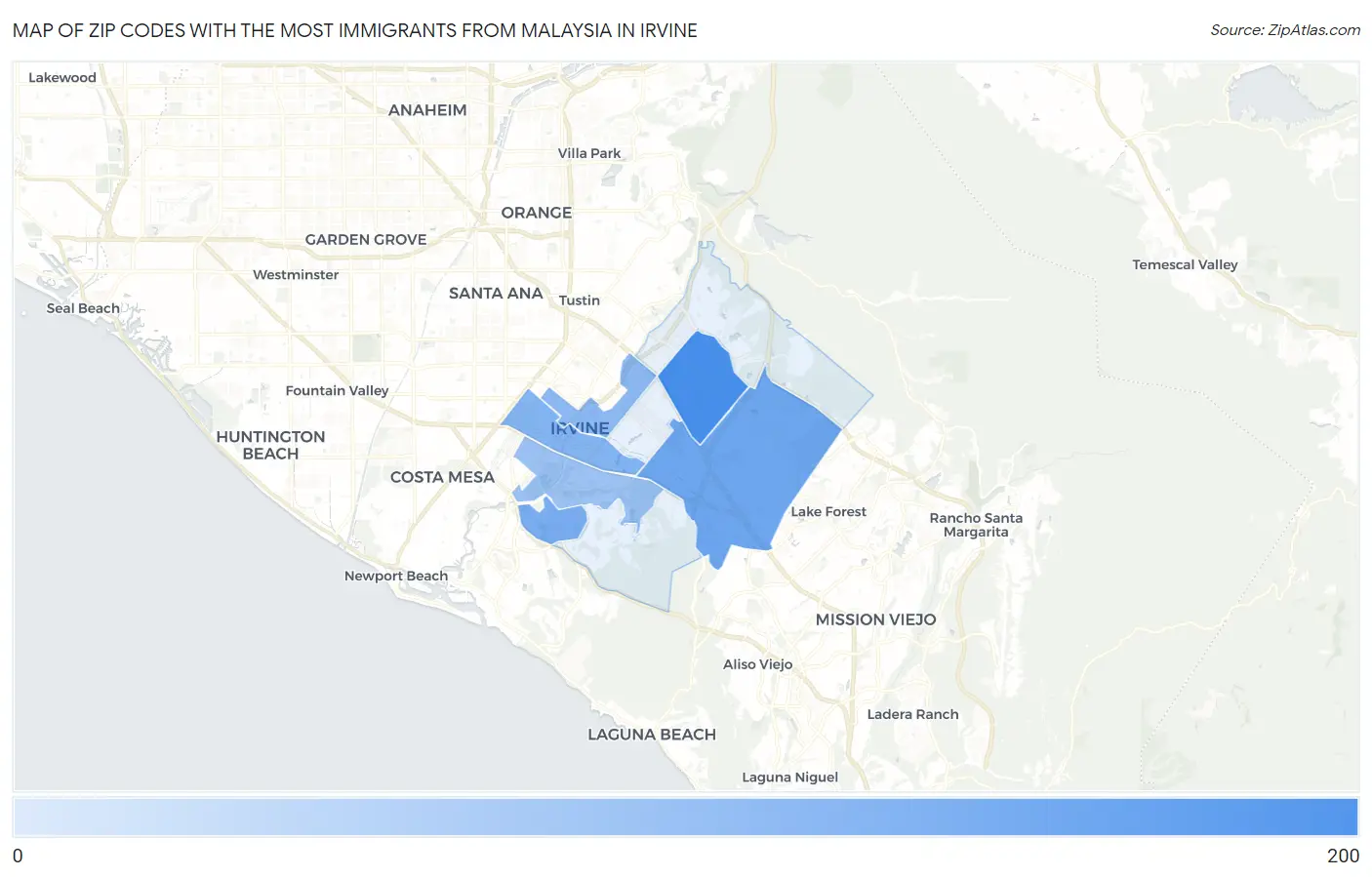 Zip Codes with the Most Immigrants from Malaysia in Irvine Map