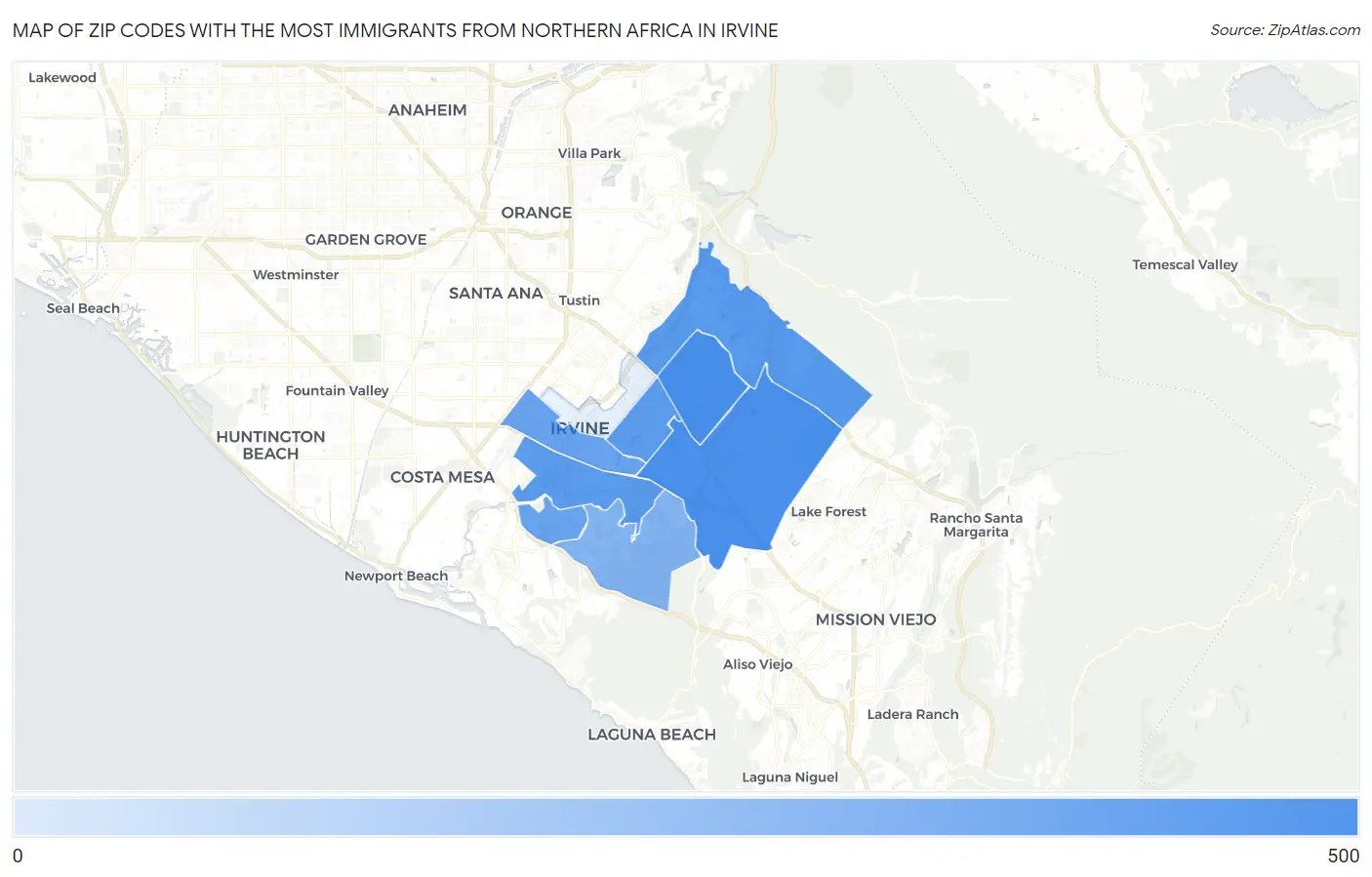 Zip Codes with the Most Immigrants from Northern Africa in Irvine Map