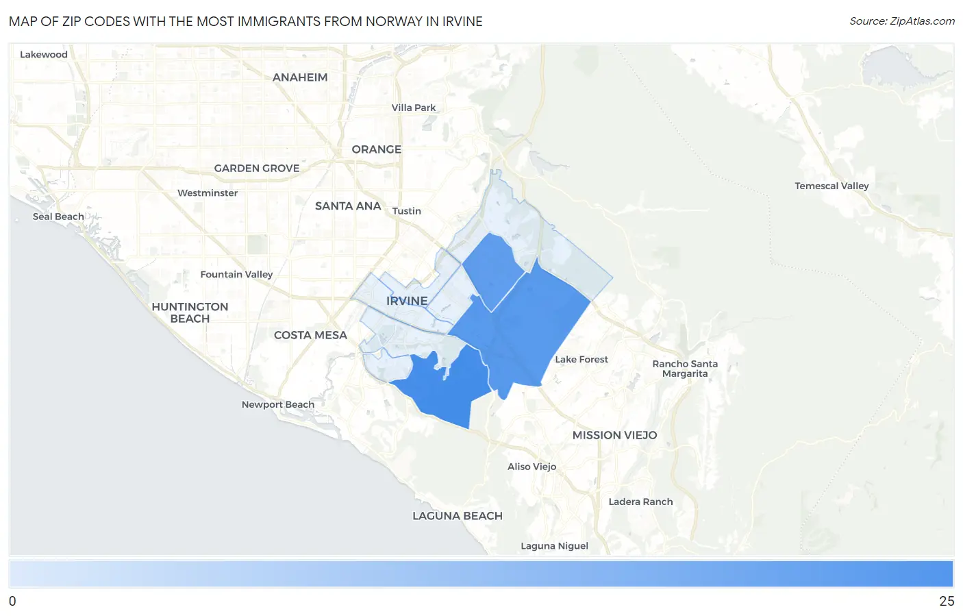Zip Codes with the Most Immigrants from Norway in Irvine Map