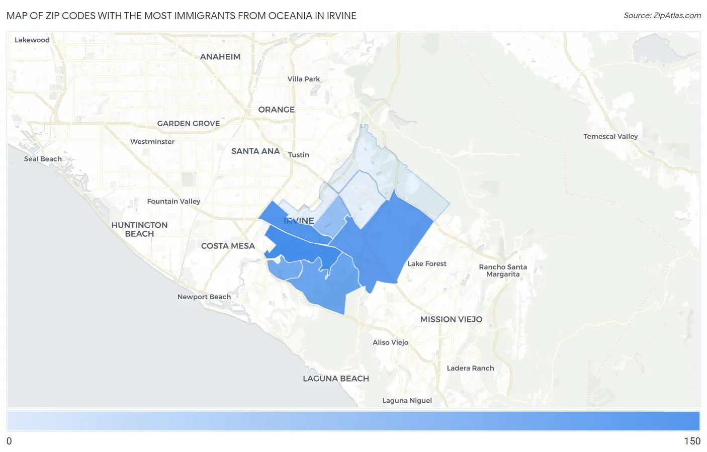 Zip Codes with the Most Immigrants from Oceania in Irvine Map