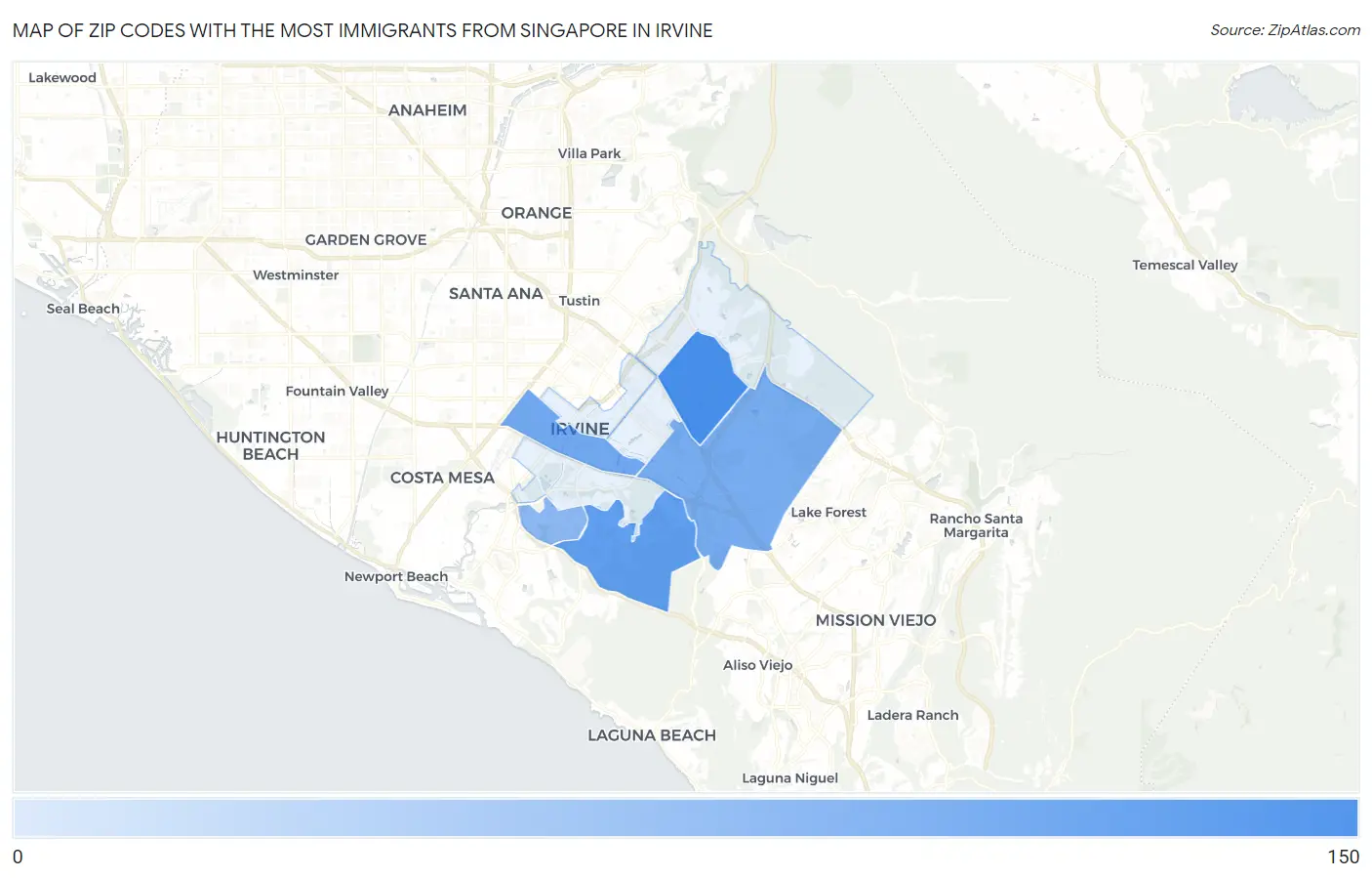 Zip Codes with the Most Immigrants from Singapore in Irvine Map