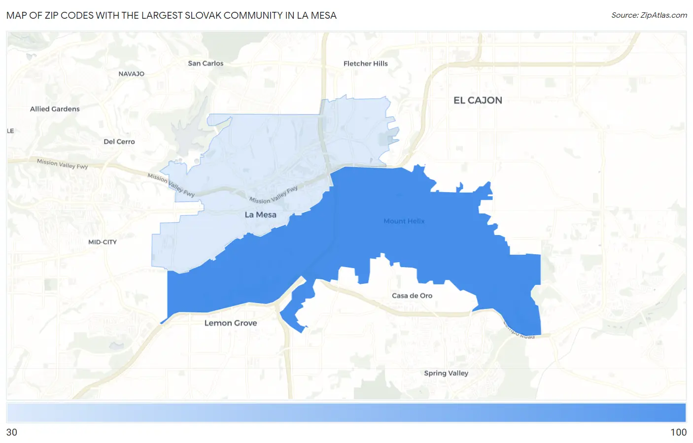 Zip Codes with the Largest Slovak Community in La Mesa Map