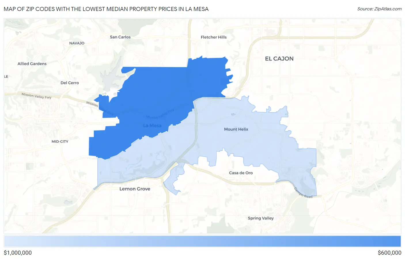 Zip Codes with the Lowest Median Property Prices in La Mesa Map
