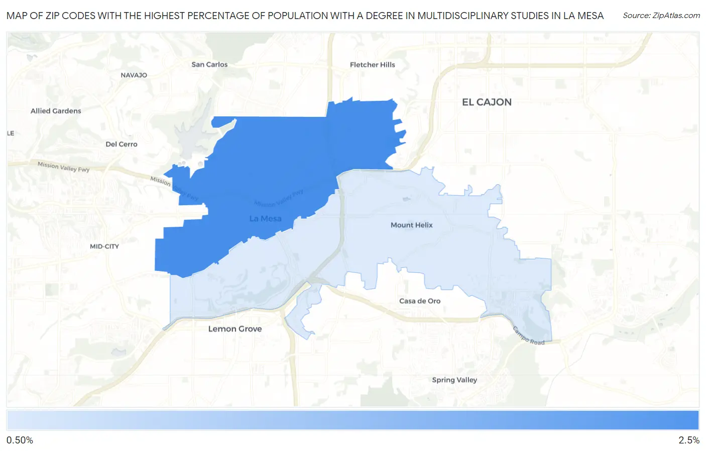 Zip Codes with the Highest Percentage of Population with a Degree in Multidisciplinary Studies in La Mesa Map