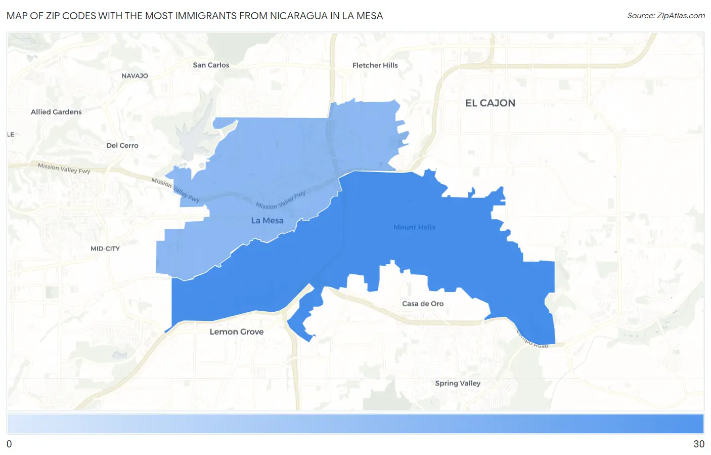Zip Codes with the Most Immigrants from Nicaragua in La Mesa Map