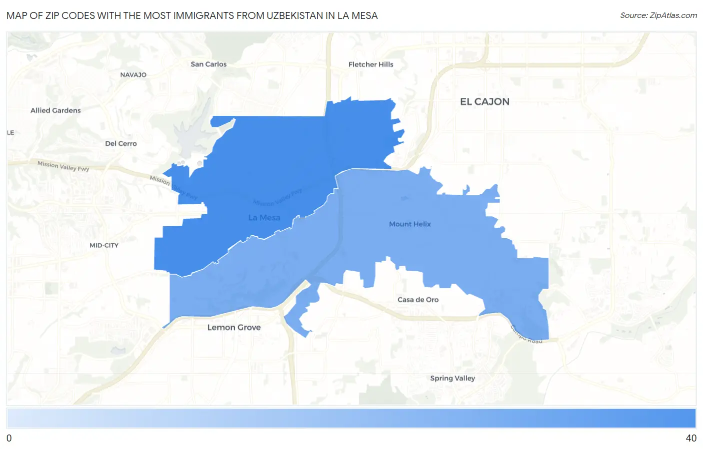 Zip Codes with the Most Immigrants from Uzbekistan in La Mesa Map