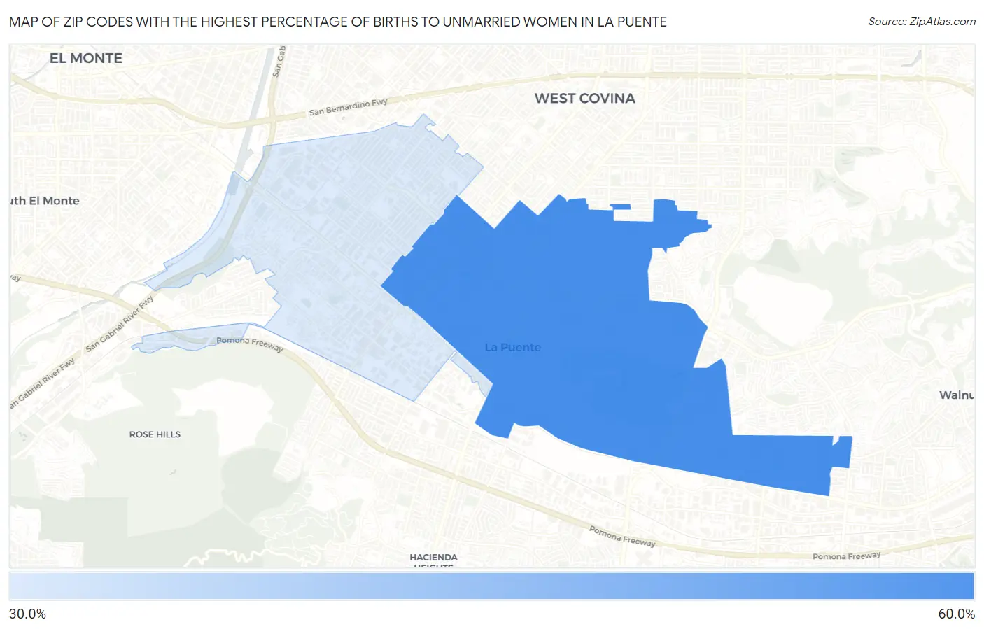 Zip Codes with the Highest Percentage of Births to Unmarried Women in La Puente Map