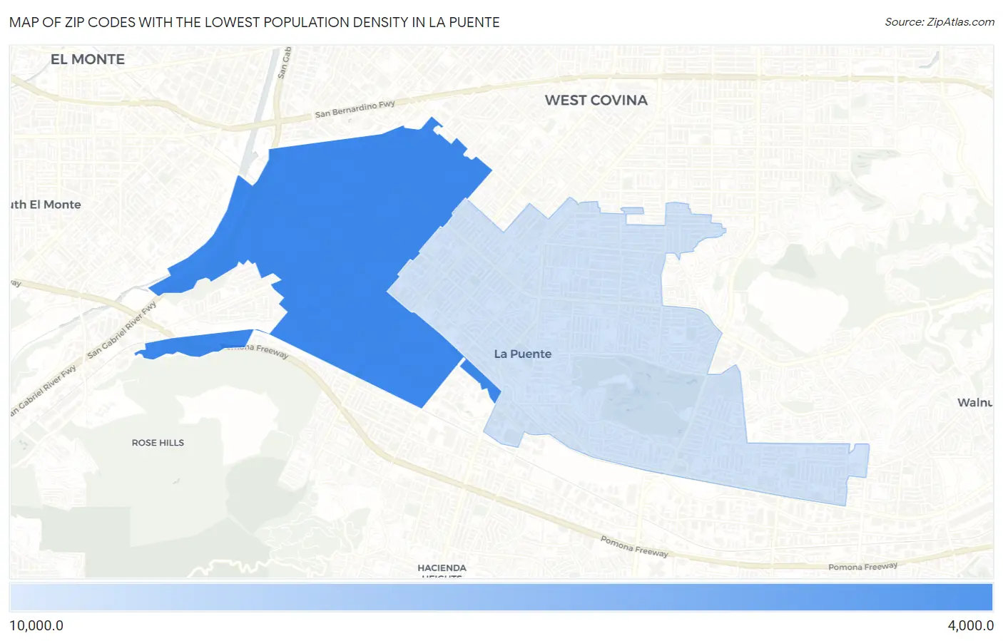 Zip Codes with the Lowest Population Density in La Puente Map