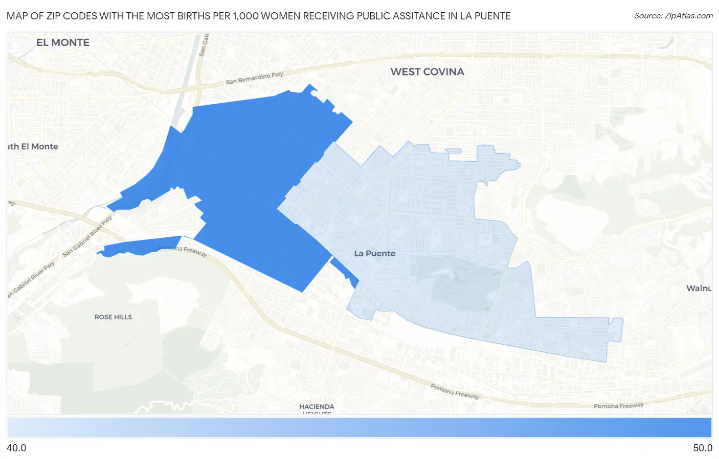 Zip Codes with the Most Births per 1,000 Women Receiving Public Assitance in La Puente Map