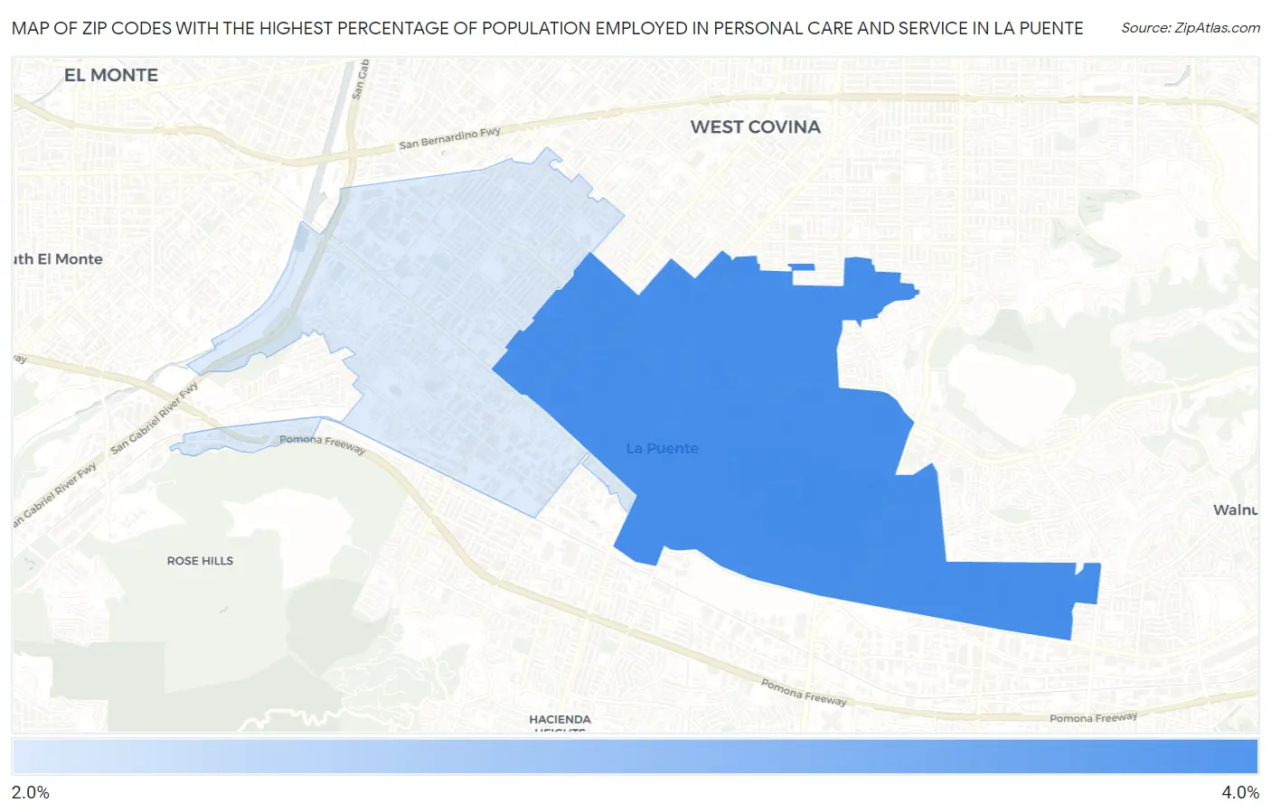 Zip Codes with the Highest Percentage of Population Employed in Personal Care and Service in La Puente Map