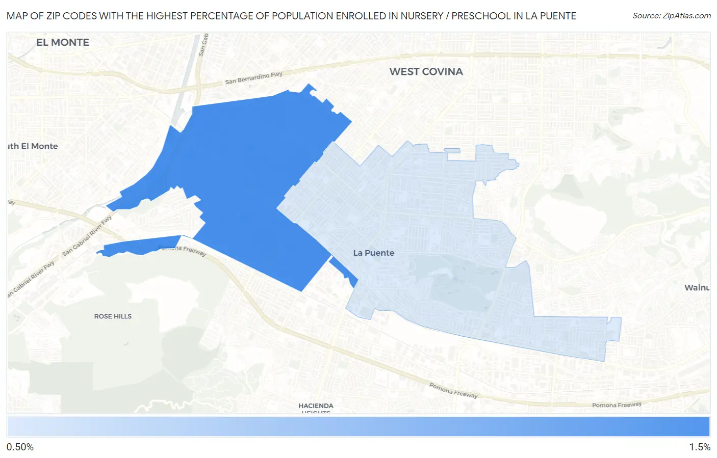Zip Codes with the Highest Percentage of Population Enrolled in Nursery / Preschool in La Puente Map