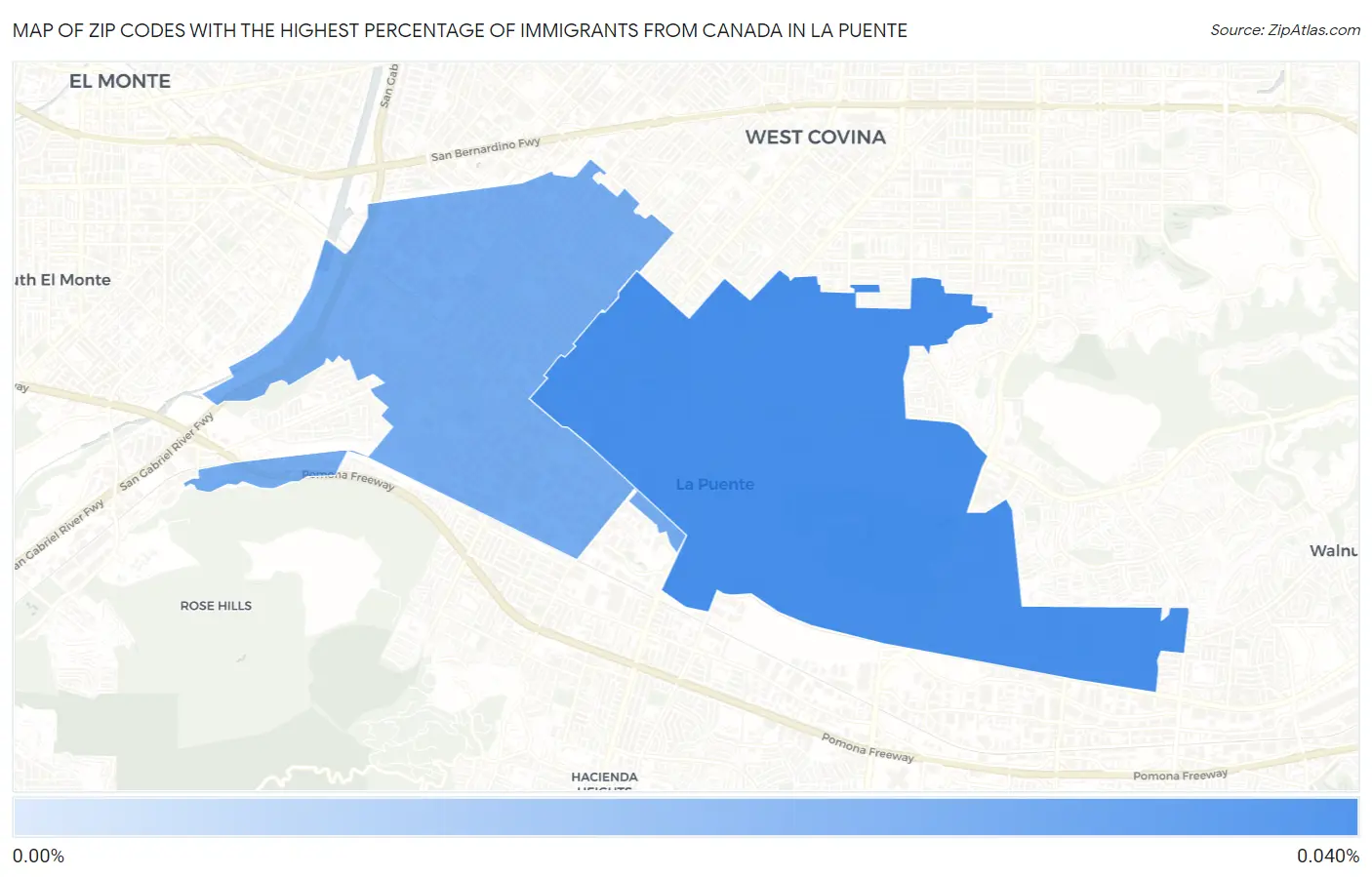 Zip Codes with the Highest Percentage of Immigrants from Canada in La Puente Map