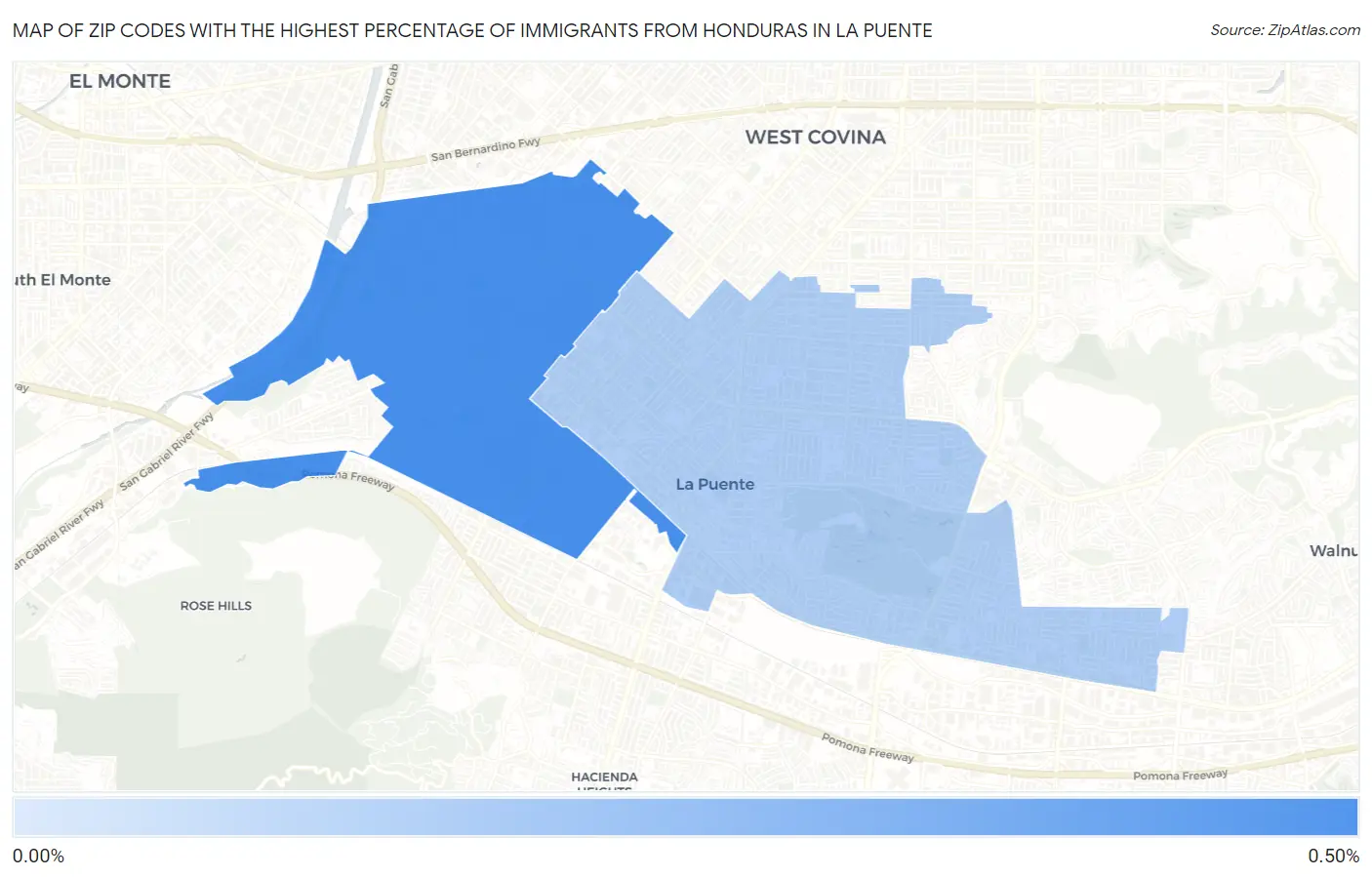 Zip Codes with the Highest Percentage of Immigrants from Honduras in La Puente Map