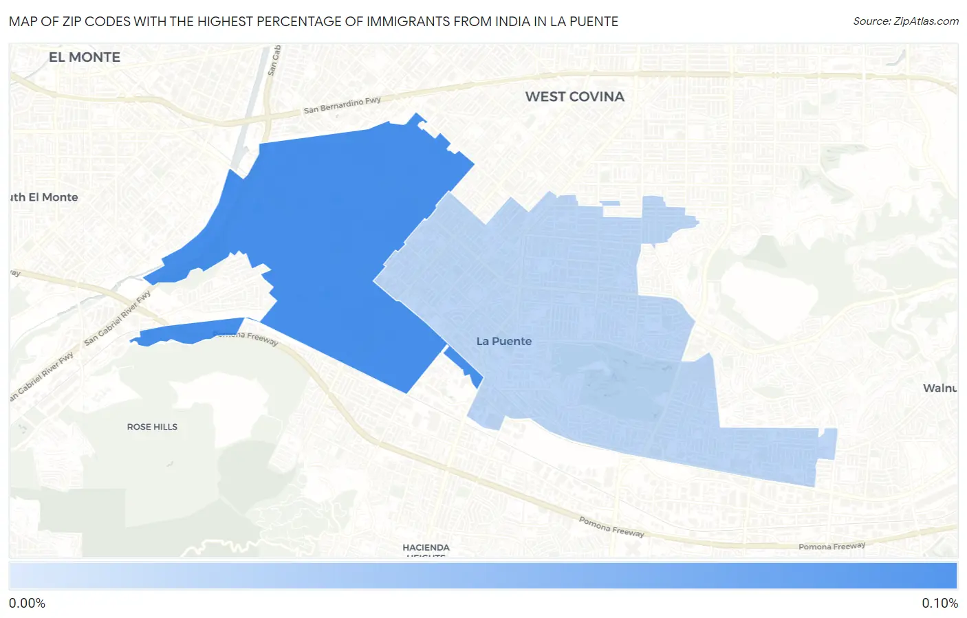 Zip Codes with the Highest Percentage of Immigrants from India in La Puente Map