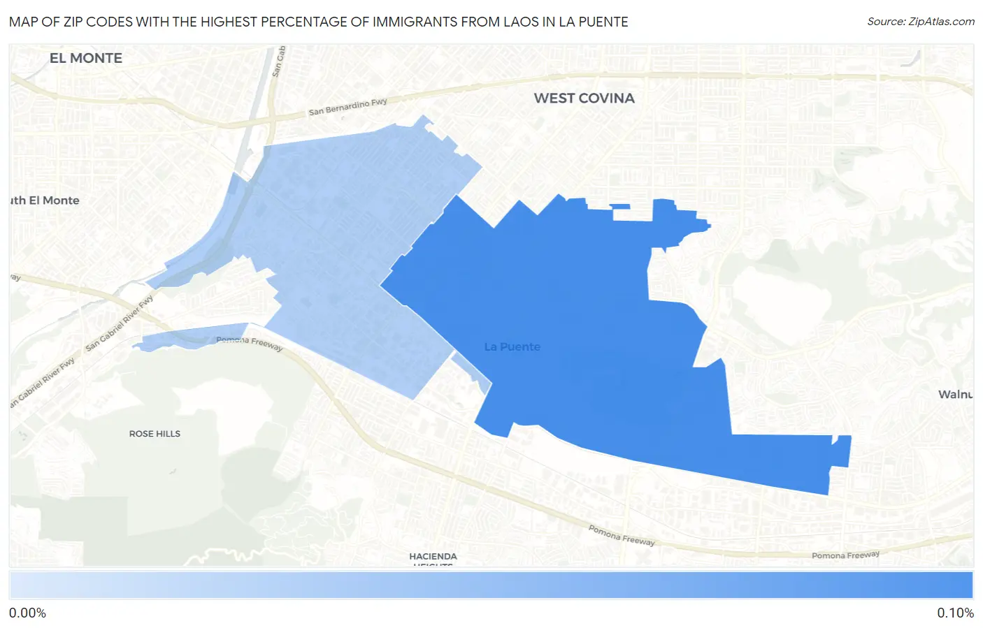 Zip Codes with the Highest Percentage of Immigrants from Laos in La Puente Map