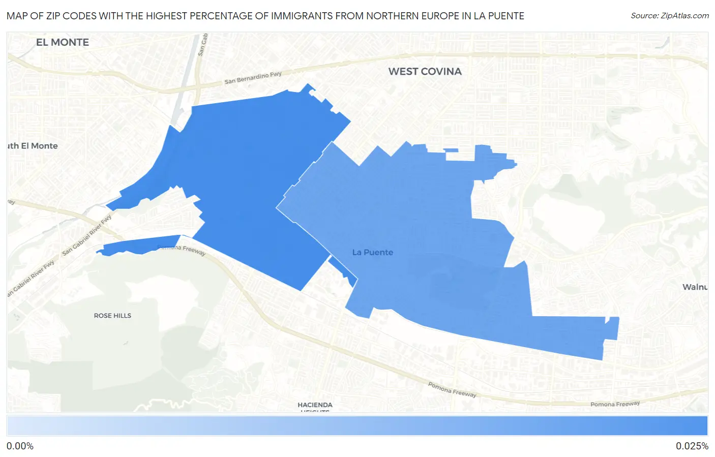 Zip Codes with the Highest Percentage of Immigrants from Northern Europe in La Puente Map
