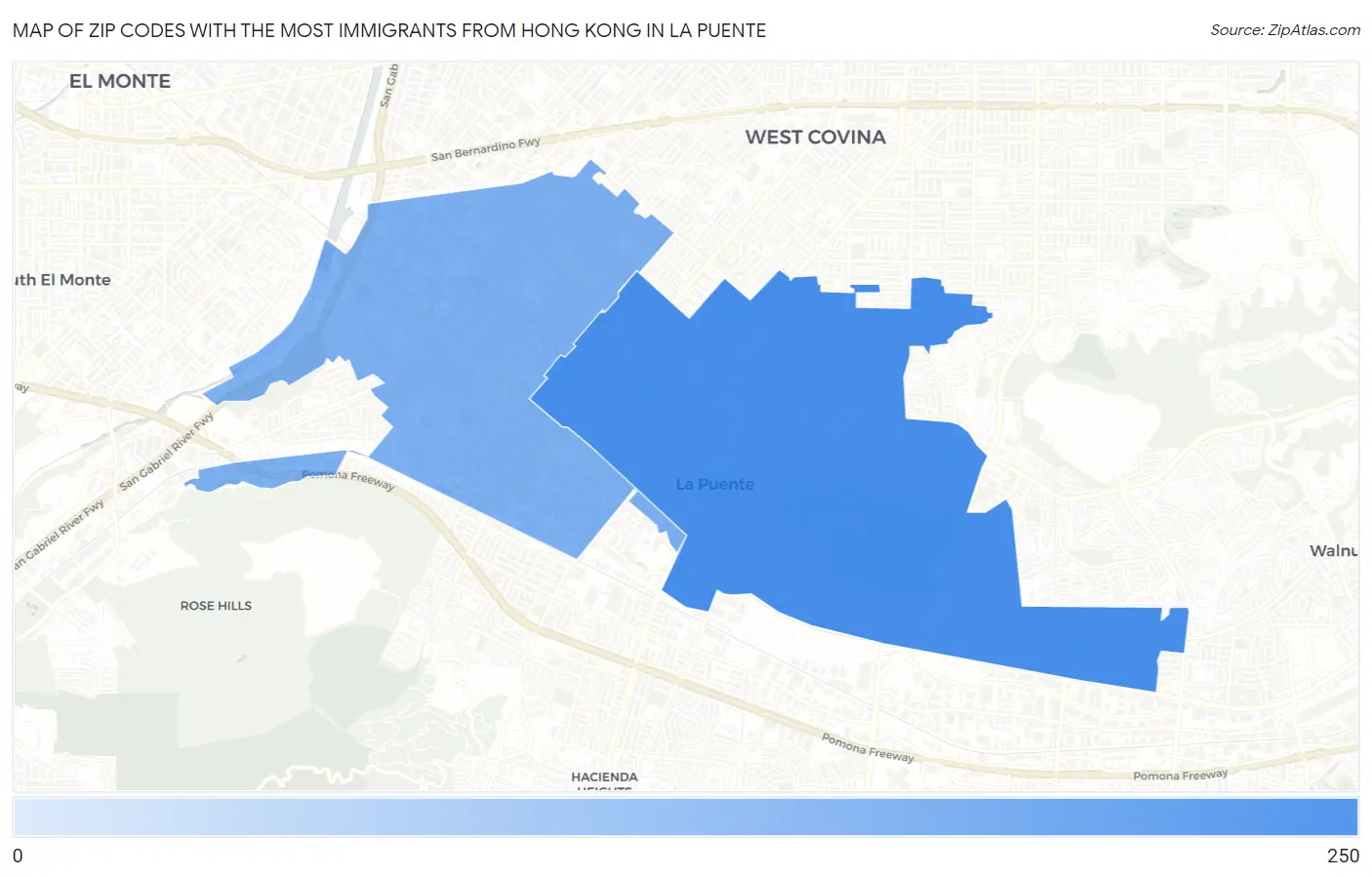 Zip Codes with the Most Immigrants from Hong Kong in La Puente Map