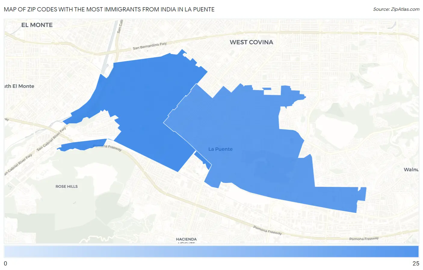 Zip Codes with the Most Immigrants from India in La Puente Map