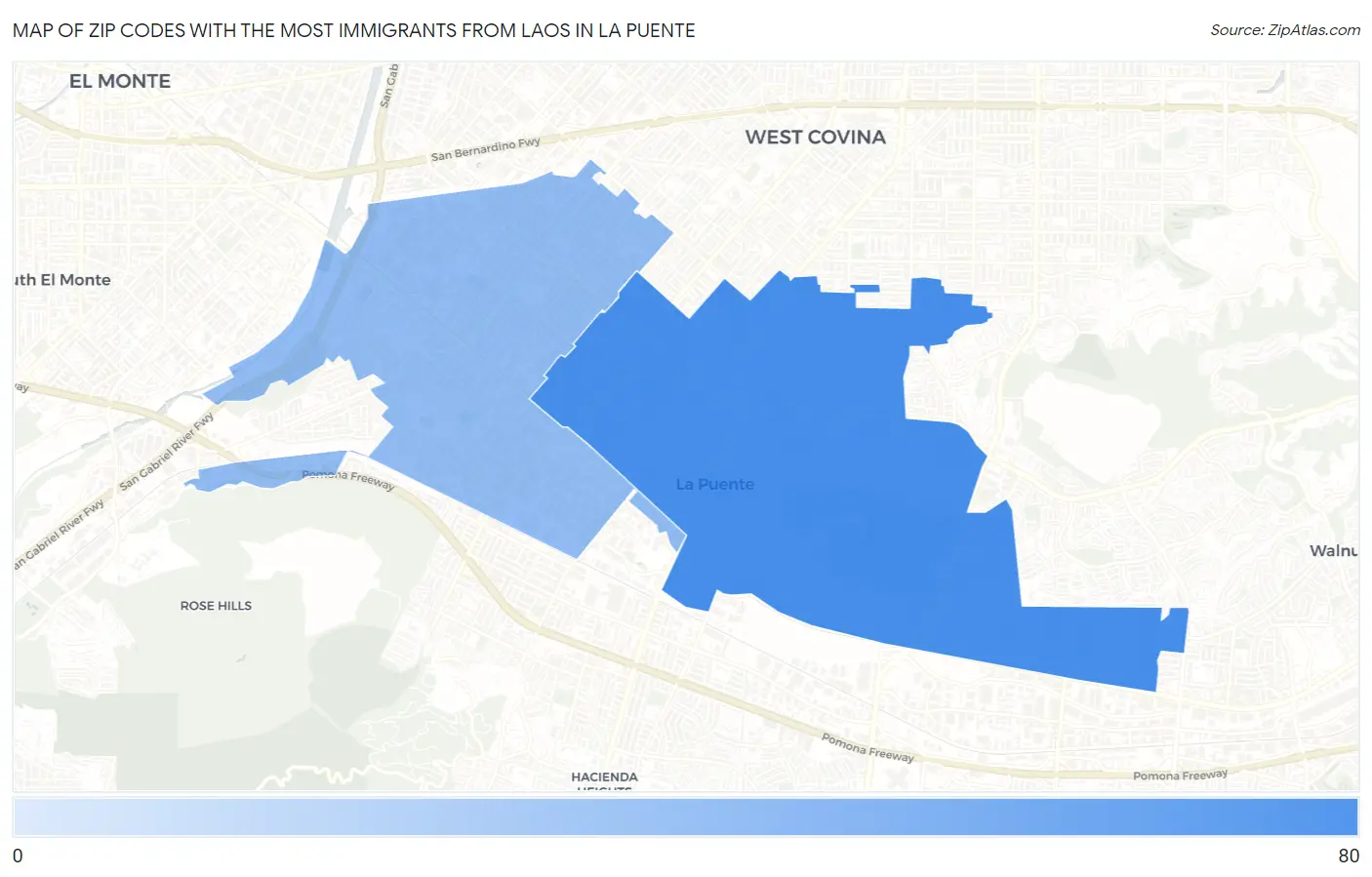 Zip Codes with the Most Immigrants from Laos in La Puente Map