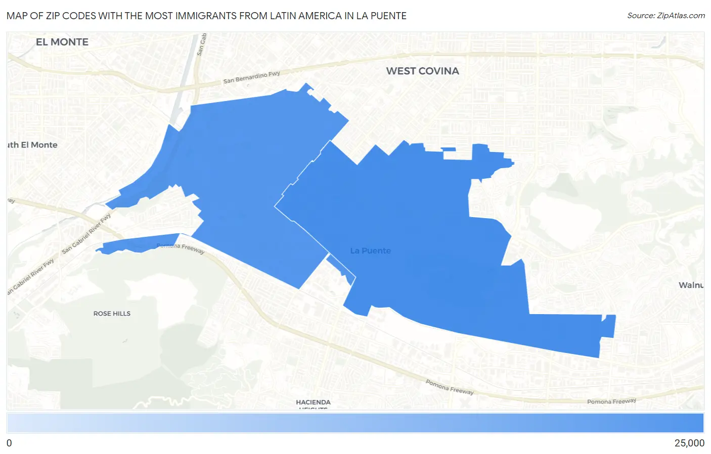 Zip Codes with the Most Immigrants from Latin America in La Puente Map