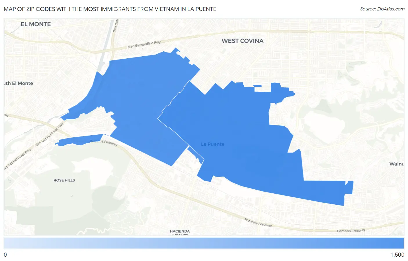 Zip Codes with the Most Immigrants from Vietnam in La Puente Map