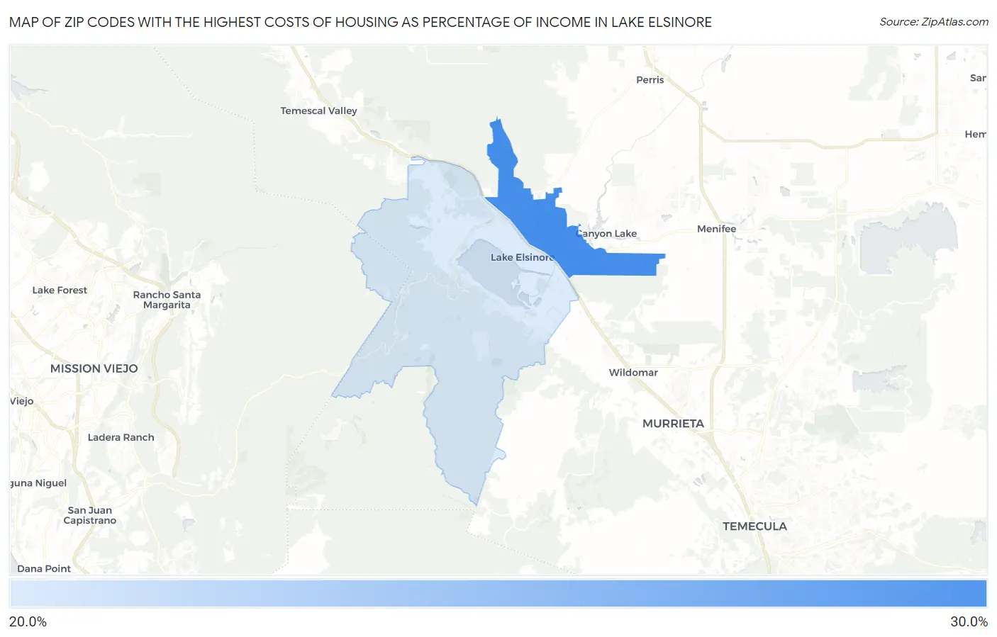 Zip Codes with the Highest Costs of Housing as Percentage of Income in Lake Elsinore Map