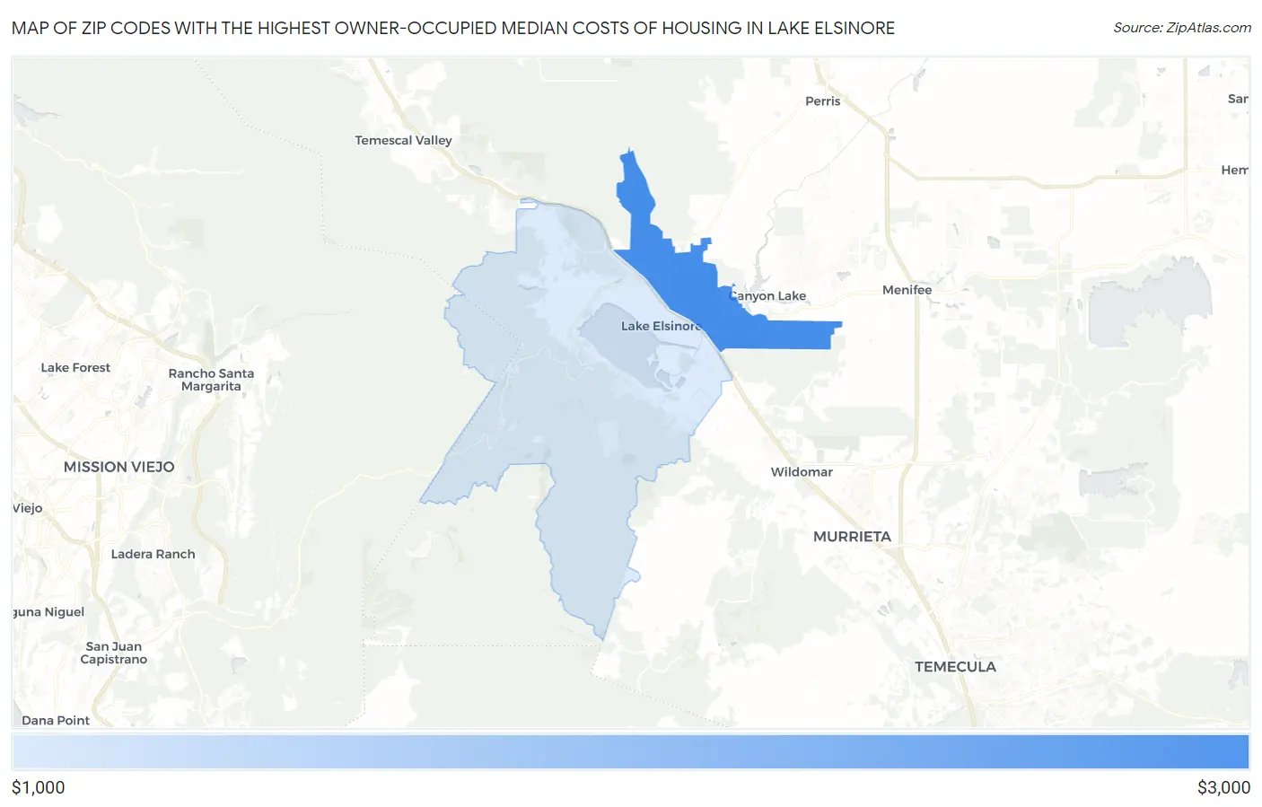 Zip Codes with the Highest Owner-Occupied Median Costs of Housing in Lake Elsinore Map
