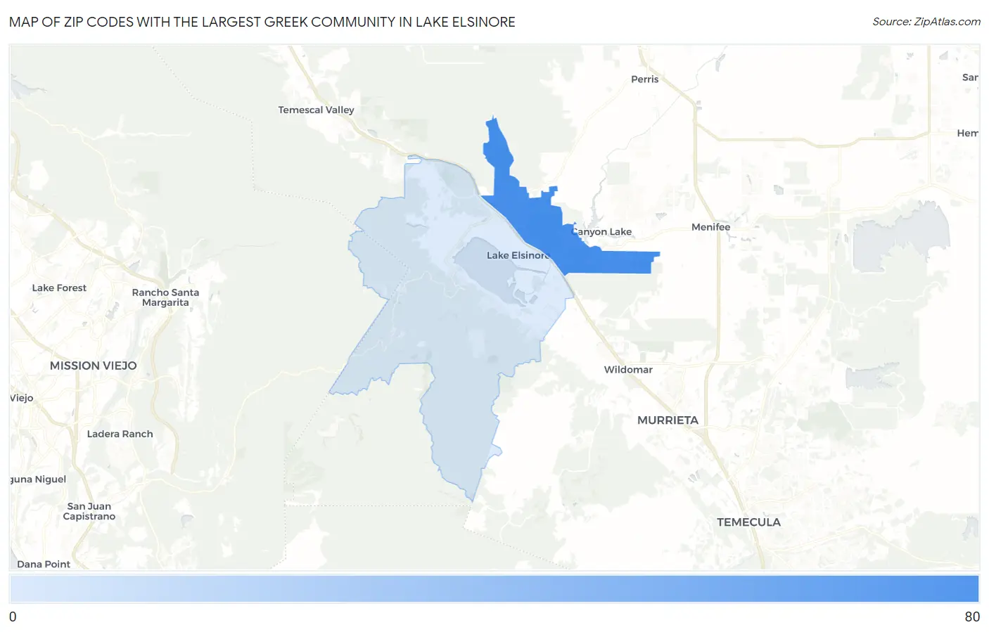 Zip Codes with the Largest Greek Community in Lake Elsinore Map