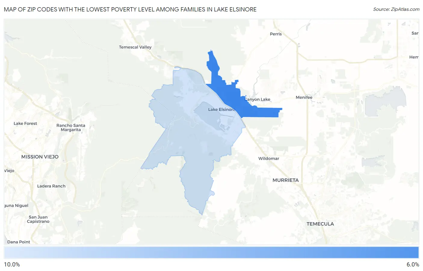 Zip Codes with the Lowest Poverty Level Among Families in Lake Elsinore Map