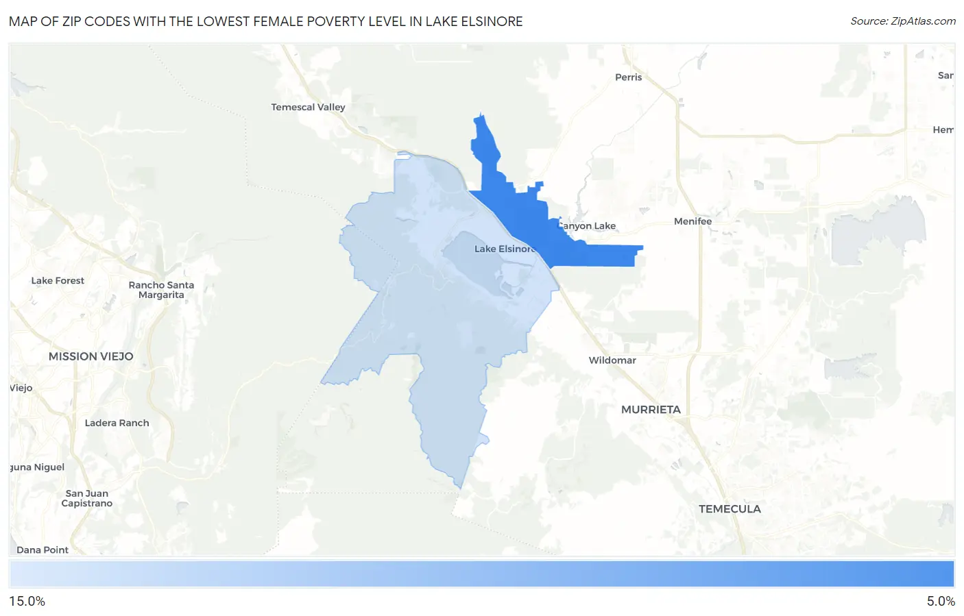 Zip Codes with the Lowest Female Poverty Level in Lake Elsinore Map